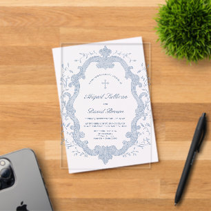 Invitations En Acrylique Couronne de feuillage bleu élégant Mariage religie
