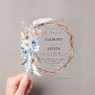 Invitations En Acrylique Couronne de fleurs bohème bleue et beige pour mari