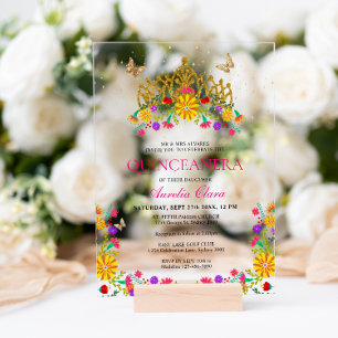Invitations En Acrylique Couronne de fleurs de fête mexicaine en or pour Qu