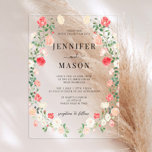 Invitations En Acrylique Couronne de fleurs de rose rouge élégante pour mar