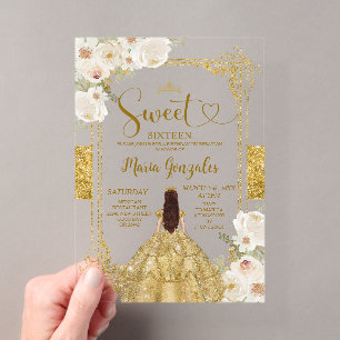 Invitations En Acrylique Couronne de fleurs dorées et blanches pour un Swee