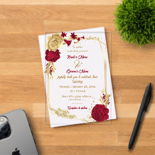 Invitations En Acrylique couronne de fleurs élégante bordeaux et or mariage