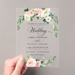 Invitations En Acrylique Couronne de fleurs élégante rose ivoire pour maria