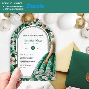 Invitations En Acrylique Couronne de fleurs en robe argentée vert émeraude