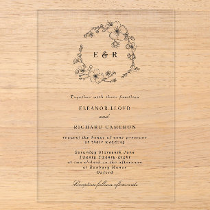 Invitations En Acrylique Couronne de fleurs noires botaniques Monogramme Ma