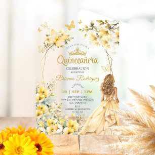 Invitations En Acrylique Couronne de fleurs papillon Tiara Doré Jaune Quinc