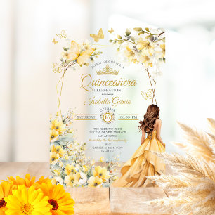 Invitations En Acrylique Couronne de fleurs papillons Tiara Jaune Doré Quin