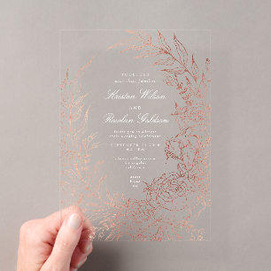Invitations En Acrylique Couronne de fleurs romantiques roses or mariage