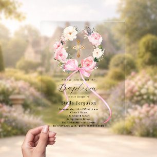 Invitations En Acrylique Couronne de fleurs roses noeud croix fille baptême