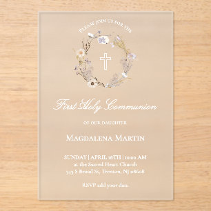 Invitations En Acrylique couronne de fleurs sauvages fille de première comm
