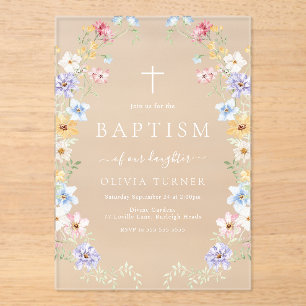 Invitations En Acrylique Couronne de fleurs sauvages pastel Baptême moderne
