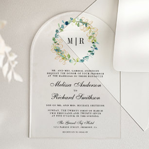 Invitations En Acrylique Couronne de mariage en or rustique Eucalyptus