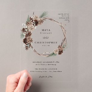 Invitations En Acrylique Couronne de mariage florale et de pin blanc d'hive