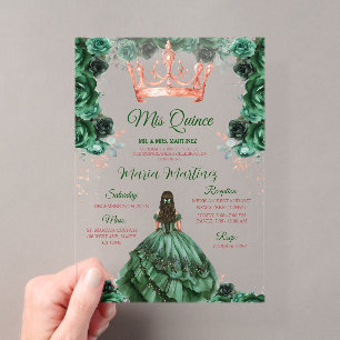 Invitations En Acrylique Couronne de Mis Quince en rose d'or et floral vert