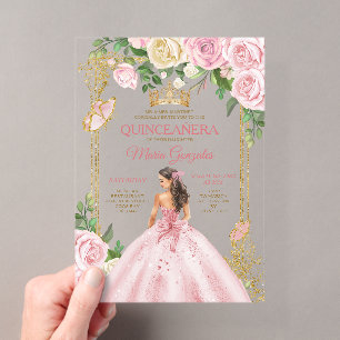 Invitations En Acrylique Couronne de Mis Quince Rose Pâle Douce Quinceañera