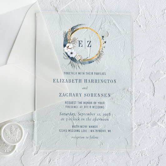 Invitations En Acrylique Couronne de monogramme Boho Moon Indigo Mariage