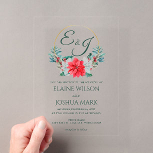 Invitations En Acrylique Couronne de Noël Baie Poinsettia Monogramme Mariag