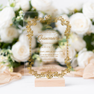 Invitations En Acrylique Couronne de Quinceanera élégante et vintage or bla