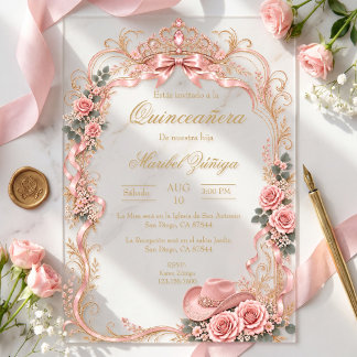 Invitations En Acrylique Couronne de quinceañera élégante rose et or