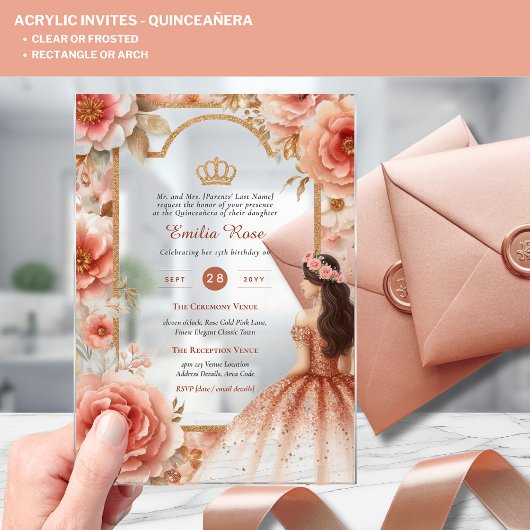 Invitations En Acrylique Couronne de Quinceanera en acrylique rose gold ros
