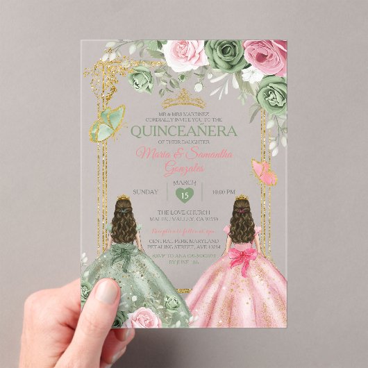 Invitations En Acrylique Couronne de quinceañera verte sauge et rose Gold T (In situ (ordinateur de poche))