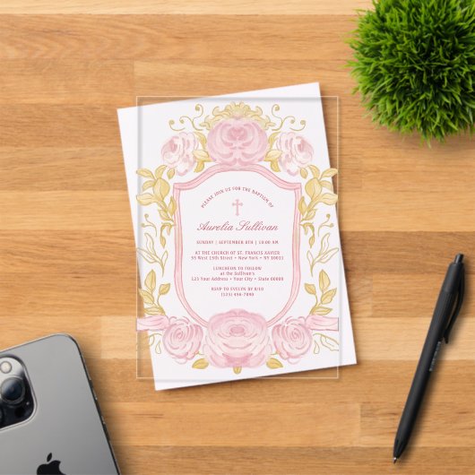 Invitations En Acrylique Couronne de roses aquarelle baptême (Insitu (Carte d'invitation))