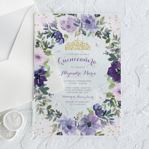 Invitations En Acrylique Couronne de Tiare en Or Papillon Floral Violet Qui