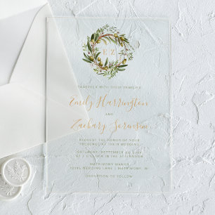 Invitations En Acrylique Couronne d'olivier à l'aquarelle vert or mariage