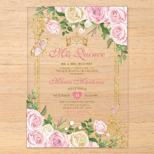 Invitations En Acrylique Couronne dorée de fête d'anniversaire rose blush d