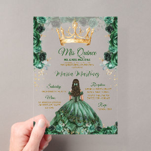 Invitations En Acrylique Couronne dorée florale verte émeraude élégante Mis