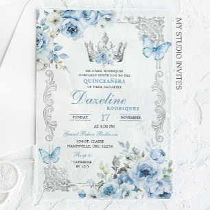 Invitations En Acrylique Couronne élégante bébé bleu Quinceanera