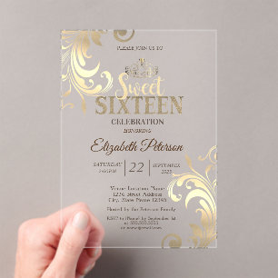 Invitations En Acrylique Couronne élégante en or douce diamants 16 fête