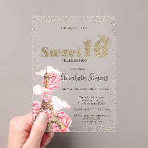 Invitations En Acrylique Couronne en or, Confettis, Douze ans sucré rayé To