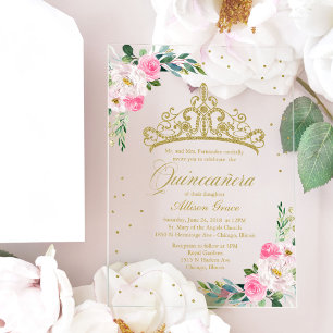 Invitations En Acrylique Couronne en or Fleurs roses Quinceañera 