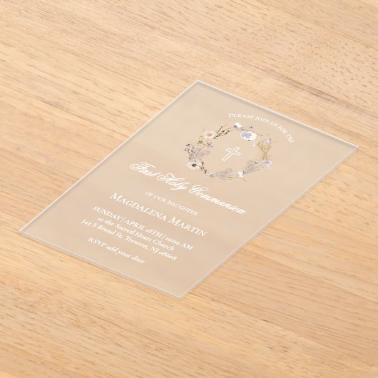 Invitations En Acrylique couronne fleur sauvage | Première sainte communion (Poser)