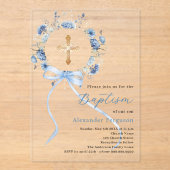 Invitations En Acrylique Couronne florale bleue arc garçon baptême clair (Recto)
