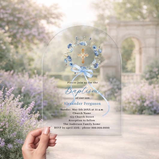 Invitations En Acrylique Couronne florale bleue de baptême garçon arc