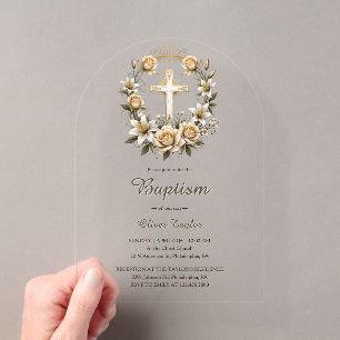 Invitations En Acrylique Couronne florale croisée élégante Baptême classiqu