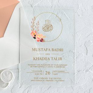 Invitations En Acrylique Couronne florale moderne de pêche pour mariage isl