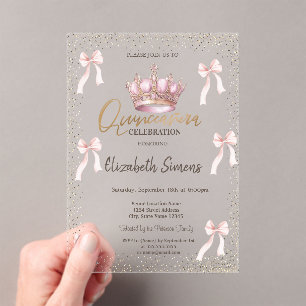 Invitations En Acrylique Couronne royale de ruban rose Confetti Quinceañera