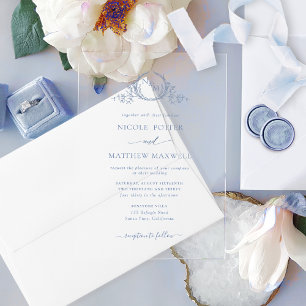 Invitations En Acrylique Couronne Royale Élégante Bleu Poussiéreux Monogram