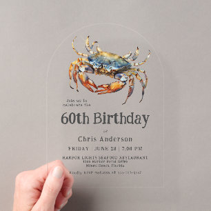 Invitations En Acrylique Crabe bleu aquarelle 60e anniversaire de la côte f