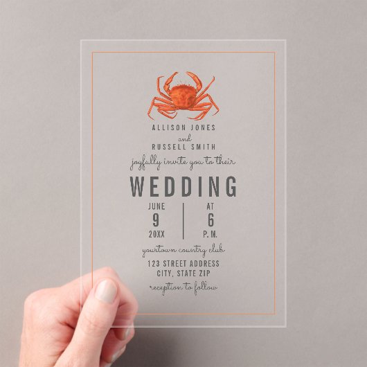 Invitations En Acrylique Crabe rustique Plage côtière Mariage (In situ (ordinateur de poche))