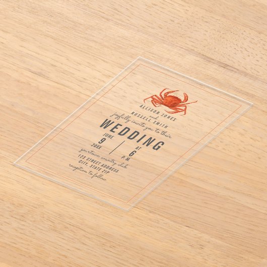 Invitations En Acrylique Crabe rustique Plage côtière Mariage (Poser)