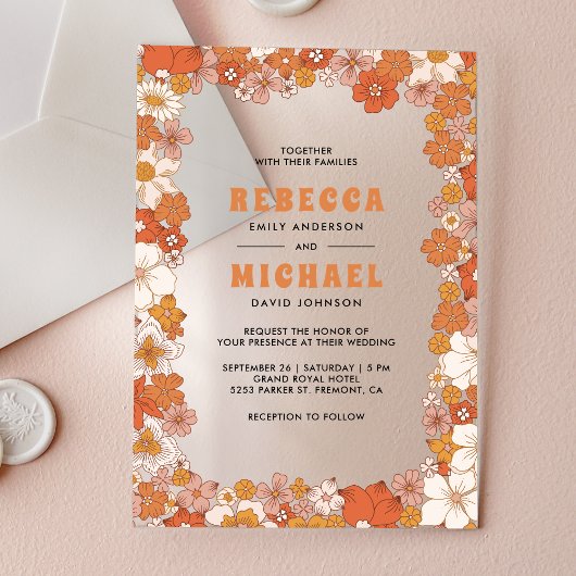 Invitations En Acrylique Cream Orange Groovy Retro Wildflower Wedding