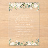 Invitations En Acrylique Cream White Flowers, Boho, First Holy Communion (Recto)