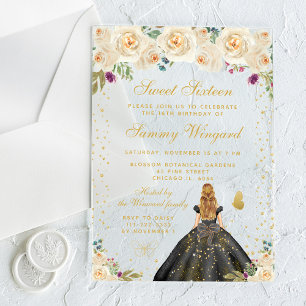 Invitations En Acrylique Crème Floral Blonde cheveux Princesse Sweet sixtee