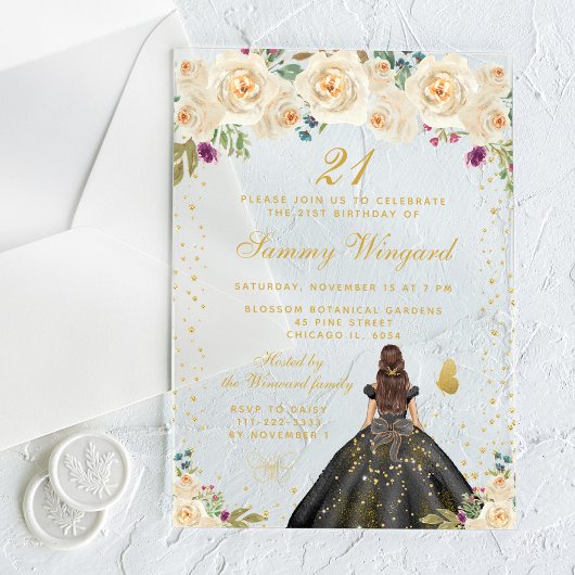Invitations En Acrylique Crème Florale Brunette Cheveux Princesse Anniversa