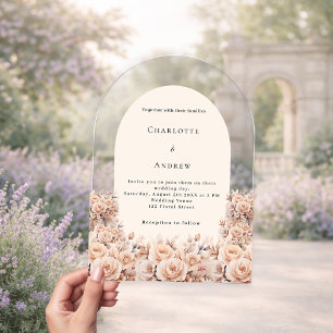 Invitations En Acrylique Crème pêche rose or fleurons arc mariage