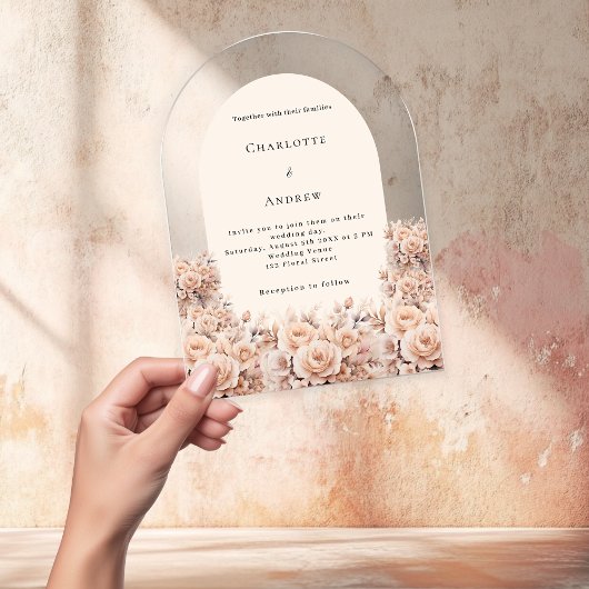 Invitations En Acrylique Crème pêche rose or fleurons arc mariage